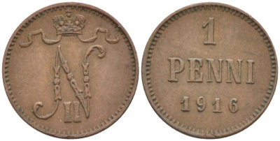 РОССИЯ ДЛЯ ФИНЛЯНДИИ 1 ПЕННИ 1916 НИКОЛАЙ II (1895-1917) KM 13, Биткин 476 медь 211-1052