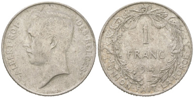 Бельгия 1 франк 1914 DES BELGES, Альберт I (1909-1934) KM 73 серебро 4543-1255