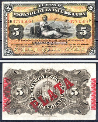 Куба 5 песо 1896 Испанская Администрация, надпечатка PLATA Pick 48 b бумага 402-68-1-1