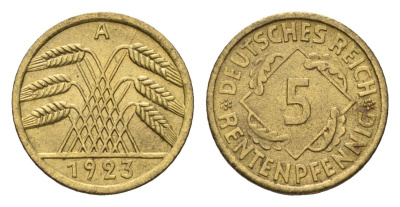 Германия 5 рентенпфеннигов 1923 A KM 32, J. 308 алюминиевая бронза UNC 4127-2034