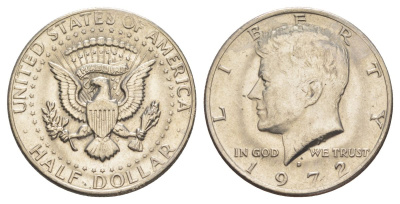 США 1/2 доллара (50 центов) 1972 D, Джон Кеннеди KM 202b медь плакированная медно-никелем aUNC 180-1121