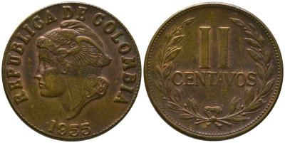 Колумбия 2 сентаво 1955 KM 214, Schon 32.2, Hernandez 346, Restrepo 358 латунь 00-00