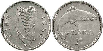 ИРЛАНДИЯ 1 ФЛОРИН = 2 ШИЛЛИНГА 1966 ЛОСОСЬ KM 15а медно-никель 4531-832