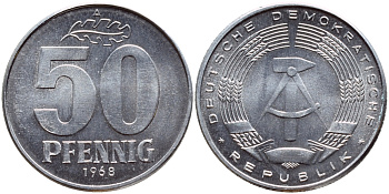 ГДР 50 пфеннигов 1968 А KM 12.2 алюминий UNC 76-1054
