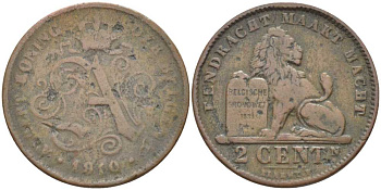 БЕЛЬГИЯ 2 САНТИМА 1910 BELGEN, АЛЬБЕРТ I (1909-1934) KM 65 медь 119-324