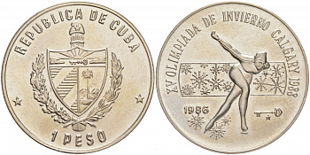 Куба 1 песо 1986 XV зимние Олимпийские игры в Калгари 1988 года, конькобежец, без символики KM 198 медно-никель UNC 1526-122