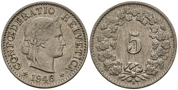 Швейцария 5 раппенов 1946 B KM 26 медно-никель 4189-325