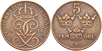 Швеция 5 эре 1922 Густав V (1907-1950) KM 779.2 бронза 115-836