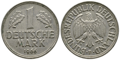 ФРГ 1 МАРКА 1966 F KM 110, J. 385 медно-никель 41-1213