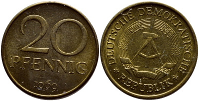 ГДР 20 пфеннигов 1969 А, первый год KM 11 латунь UNC 4398-1152