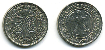 Германия 50 рейхспфеннигов 1929 А KM 49, J. 324 никель 58-532