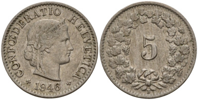 Швейцария 5 раппенов 1946 B KM 26 медно-никель 4189-325
