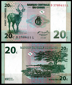 ДР Конго 20 сантимов 1997 Pick 83 a бумага UNC (пресс) 7116-41-3-1