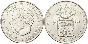 Швеция 2 кроны 1956 TS, Густав VI Адольф (1950-1973) KM 827 серебро UNC 81-1123