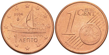 ГРЕЦИЯ 1 ЕВРОЦЕНТ 2004 KM 181 сталь плакированная медью UNC 214-339