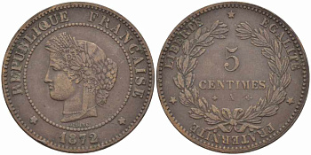 ФРАНЦИЯ 5 САНТИМОВ 1872 А, ТРЕТЬЯ РЕСПУБЛИКА (1871-1940) KM 821.1, LE FRANC 118.5 бронза 108-616