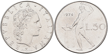 Италия 50 лир 1974 R, бог огня Вулкан у наковальни KM 95.1 нержавеющая сталь 4116-346