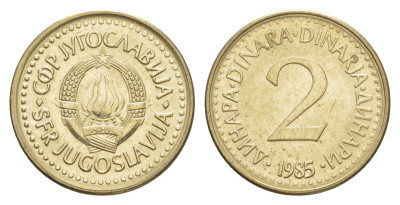 Югославия 2 динара 1985 KM 87 никель латунь aUNC 211-423