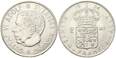Швеция 2 кроны 1956 TS, Густав VI Адольф (1950-1973) KM 827 серебро UNC 81-1123