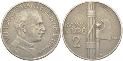 ИТАЛИЯ 2 ЛИРЫ 1924 R, ВИКТОРИО ИМАНУИЛ III (1900-1946) KM 63 никель 114-715