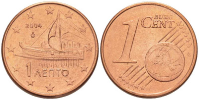 ГРЕЦИЯ 1 ЕВРОЦЕНТ 2004 KM 181 сталь плакированная медью UNC 214-339
