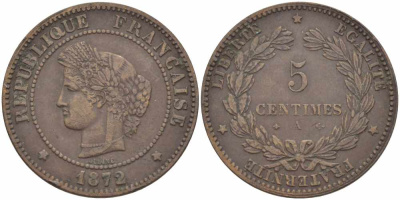 ФРАНЦИЯ 5 САНТИМОВ 1872 А, ТРЕТЬЯ РЕСПУБЛИКА (1871-1940) KM 821.1, LE FRANC 118.5 бронза 108-616