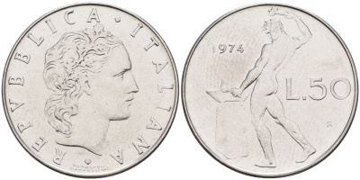 Италия 50 лир 1974 R, бог огня Вулкан у наковальни KM 95.1 нержавеющая сталь 4116-346