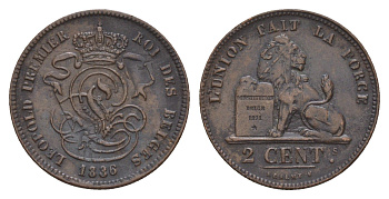 Бельгия 2 сантима 1836 Belges, Леопольд I (1831-1865) KM 4 медь 4651-1063
