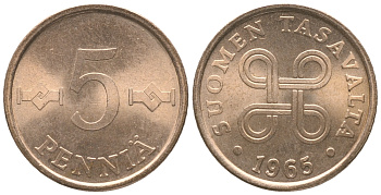 ФИНЛЯНДИЯ 5 ПЕННИ 1965 KM 45 медь 100-963