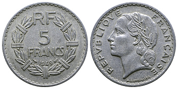 Франция 5 франков 1949 тип Лаврийе KM 888b.1, LE FRANC 339.17 алюминий 4364-4331