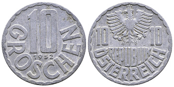 Австрия 10 грошей 1952 KM 2878 алюминий 26-1449
