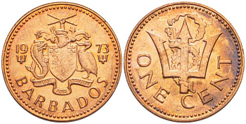 Барбадос 1 цент 1973 сломанный трезубец Британии KM 10 бронза 99-1029