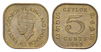 Цейлон 5 центов 1945 Георг VI (1936-1952) KM 113.2 никель латунь UNC 4516-421