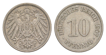 Германия 10 пфеннигов 1907 A, Вильгельм II (1888-1918) KM 12, J. 13 медно-никель 4640-268