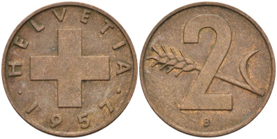 Швейцария 2 раппена 1957 В KM 47 бронза 4591-1157