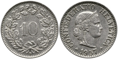 ШВЕЙЦАРИЯ 10 РАППЕНОВ 1957 В KM 27 медно-никель 4539-451