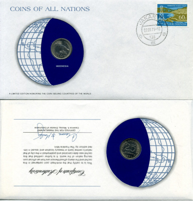 ИНДОНЕЗИЯ 25 РУПИЙ 1971 КОНВЕРТ С МАРКОЙ ПЕРВОГО ДНЯ ГАШЕНИЯ, COINS OF NATIONS KM 34 медно-никель UNC 4294-30-3