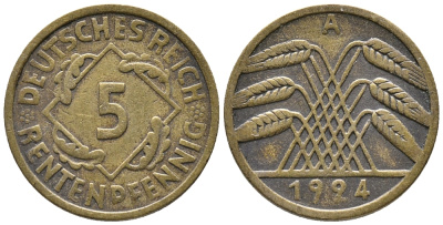 ГЕРМАНИЯ 5 РЕНТЕНПФЕННИГОВ 1924 A KM 32, J. 308 алюминиевая бронза 39-449