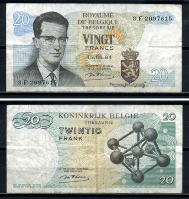 Бельгия 20 франков 1964 Бодуэн I, атомиум, d Haeze Pick 138 (1) бумага 8601-5-4-2