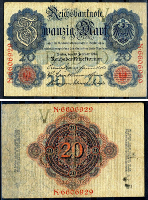 Германия 20 марок 1910 Pick 40 c бумага 7191-19-1-2