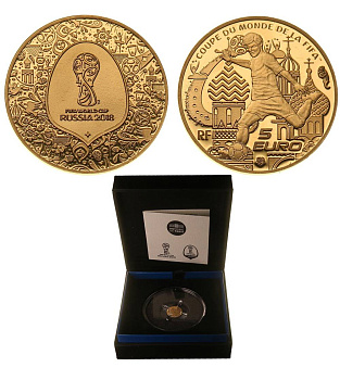 ФРАНЦИЯ 5 ЕВРО 2018 ЧЕМПИОНАТ МИРА ПО ФУТБОЛУ В РОССИИ, оригинальная коробка, сертификат KM NEW золото PROOF 3-4-5-41