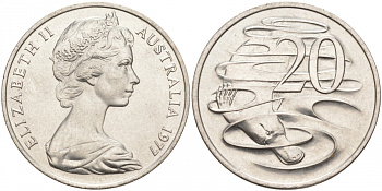 АВСТРАЛИЯ 20 ЦЕНТОВ 1977 ЕЛИЗАВЕТА II, МОЛОДОЙ ПОРТРЕТ, УТКОНОС KM 66 медно-никель UNC 3855-523