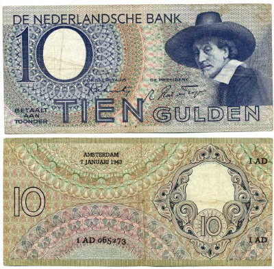 Нидерланды 10 гульденов 1943 Синдики (Рембрандт) Pick 59, Akkermans 32.1 бумага 6318-1-1-1