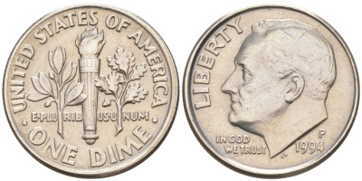 США 10 ЦЕНТОВ = 1 ДАЙМ 1994 P, РУЗВЕЛЬТ KM 195a медь плакированная медно-никелем 188-716