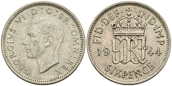Великобритания 6 пенсов 1944 Георг VI (1936-1952) KM 852, Spink 4084 серебро    4564-659