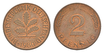 ФРГ 2 пфеннига 1980 J KM 106a, J.381a сталь плакированная медью 4630-1239