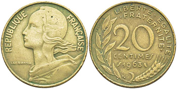 ФРАНЦИЯ 20 САНТИМОВ 1963 ТИП MARIANNE KM 930, LE FRANC 156.3 медь алюминий никель 175-817