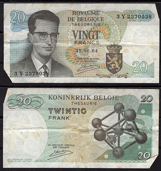Бельгия 20 франков 1964 Бодуэн I; Атомиум, Брюссель Pick 138 (3) бумага 7548-115-1-2