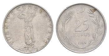 Турция 25 курушей 1964 KM 892.2 нержавеющая сталь 4648-711