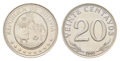 Боливия 20 сентаво 1965 KM 189 сталь плакированная никелем UNC 4659-1259